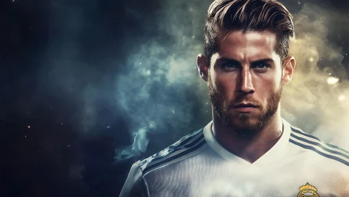 Intense football portrait in dramatic smoky stadium light.