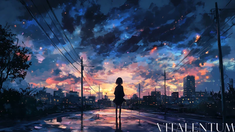 Lonely dusk dreamer watches neon clouds rewrite the skyline