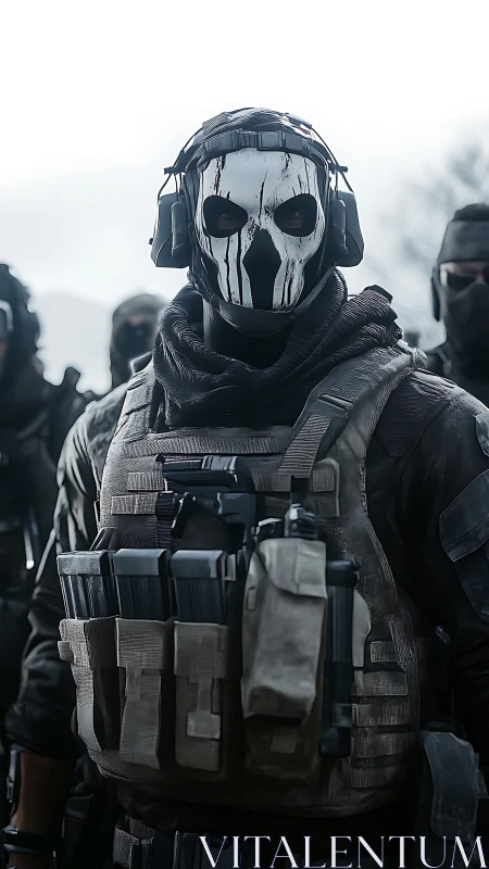 Masked tactical operator in plate carrier and headset gear.