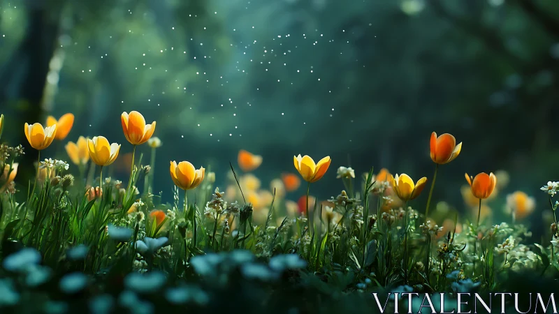 Golden Tulips Dance Through Misty Green Light
