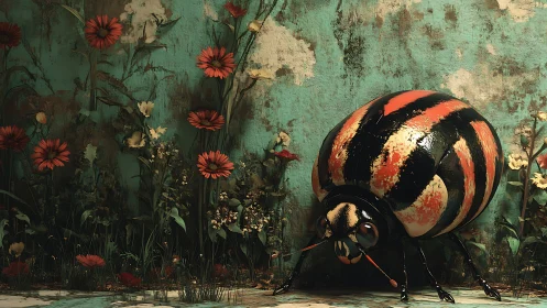 Giant striped beetle exploring a secret wildflower wall.