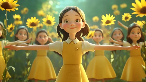 Stylized girl characters stand among sunflowers in formation