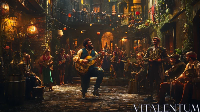 Lively courtyard band ignites warm lantern lit street festival.