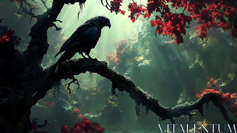 Raven perched on gnarled branch in volumetric forest light