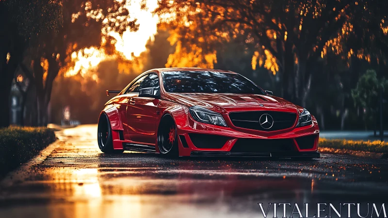 Scarlet street rocket hums through a molten autumn tunnel