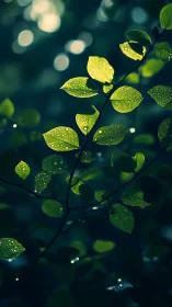 Backlit dew-covered leaves with shallow depth of field rendering
