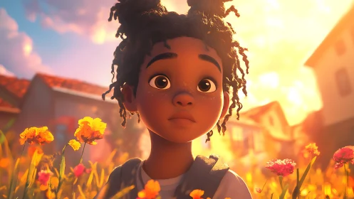 Sunlit stylized child portrait in suburban wildflower meadow