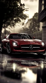 Red Mercedes sports coupe parked on wet reflective street