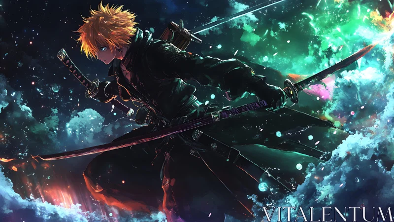 Neon sky swordsman leaping through cosmic storm clouds.