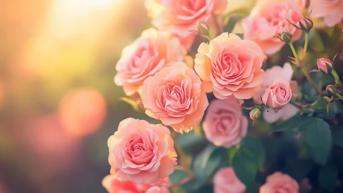 Coral pink roses with bokeh background illumination.
