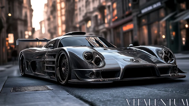 Chrome sports car sits low on city street at sunset