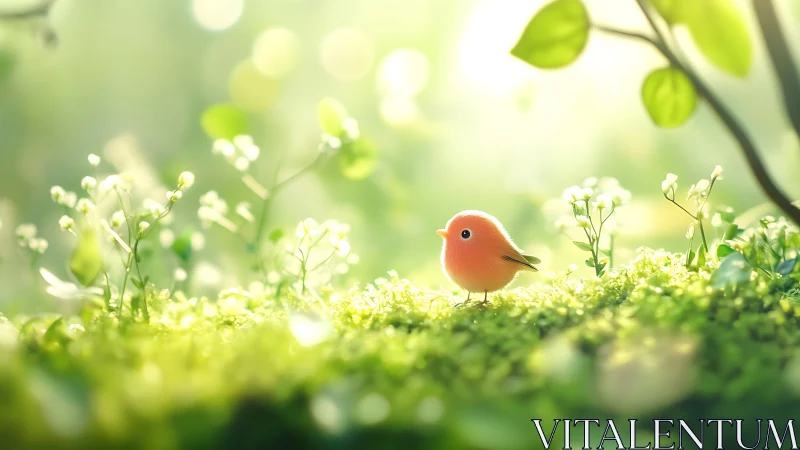 Tiny pastel bird stands on sunlit mossy forest floor