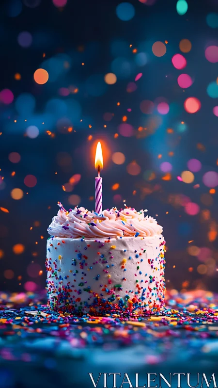 Birthday cake with lit candle against bokeh-lit background with multicolored sprinkles