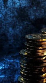 Stacked metallic coins against textured blue backdrop.