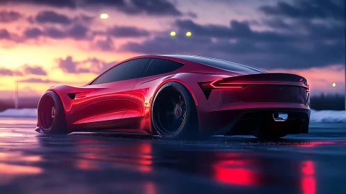 Aerodynamic electric coupe on wet asphalt under sunset gradients.