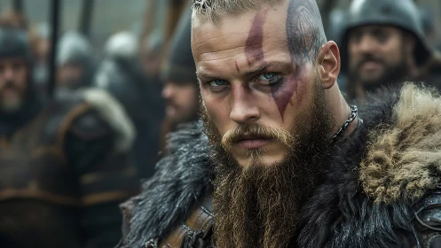 Viking warrior portrait with war paint and fur armor focus.
