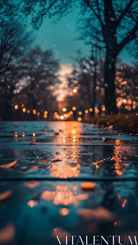 Low-angle bokeh study of wet pavement under dusk streetlights.