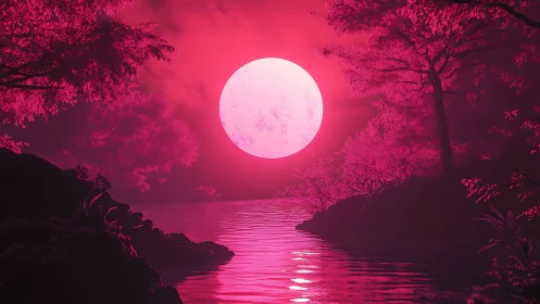 Neon magenta moonrise over reflective forest lake horizon.