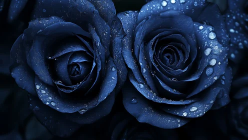 Deep Blue Roses with Dewdrops. Botanical macro photography.