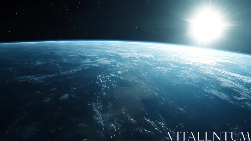 Photorealistic orbital view of Earth with radiant sunrise horizon.