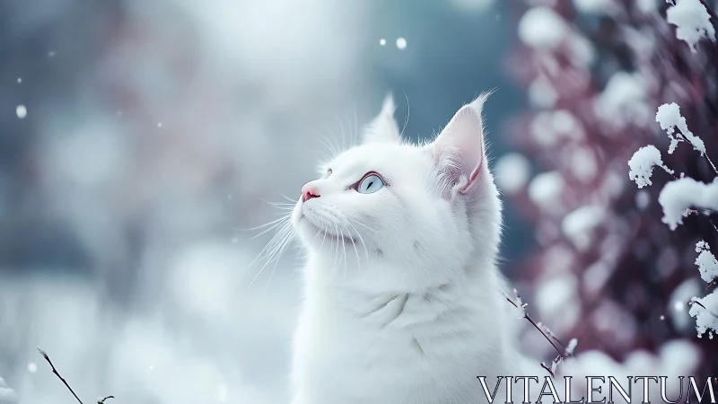 White Cat in Snow-Covered Winter Landscape.