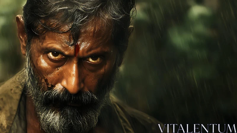 Storm-soaked warrior carves silence with a burning stare