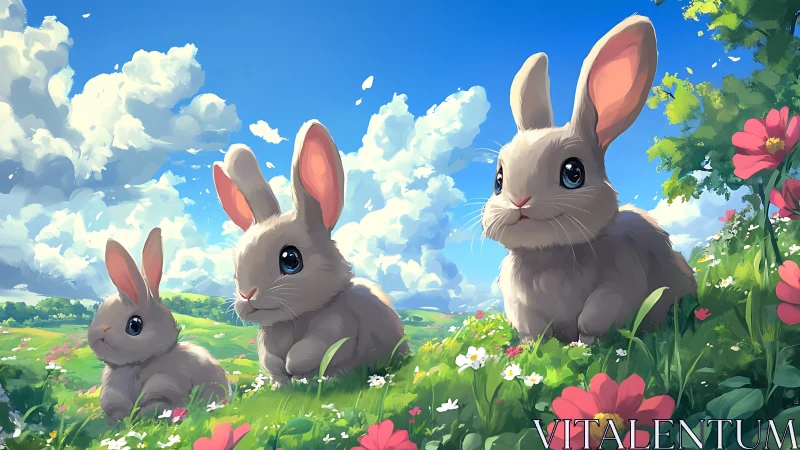 Three cartoon rabbits in bright flower meadow under sky.
