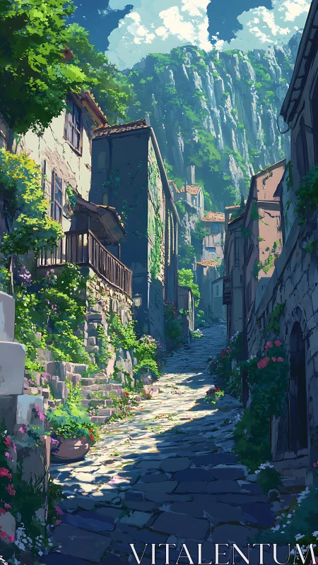 Sunlit stone alleyway climbing lush cliffside village.