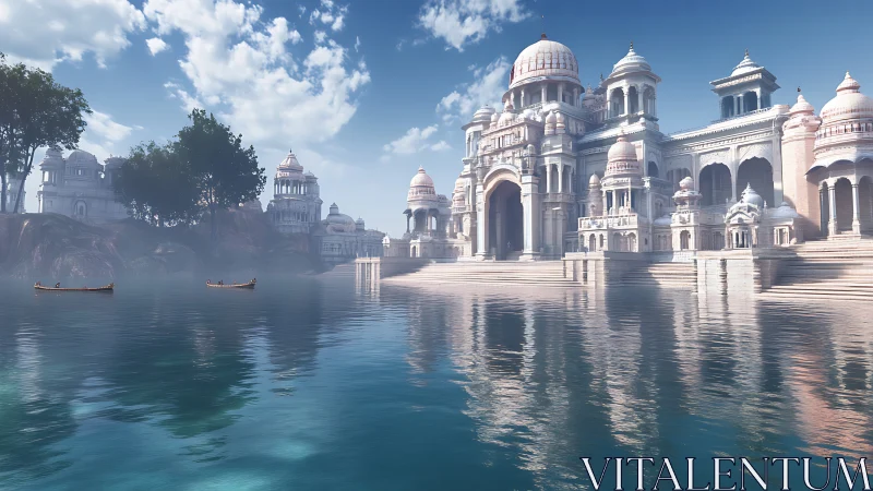 Sunlit palace complex rises serenely above tranquil blue lake