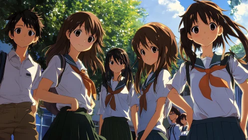 Group of students stands outdoors in uniform under sunlight