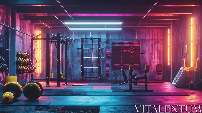 Neon-lit industrial gym interior with futuristic strength rigs.