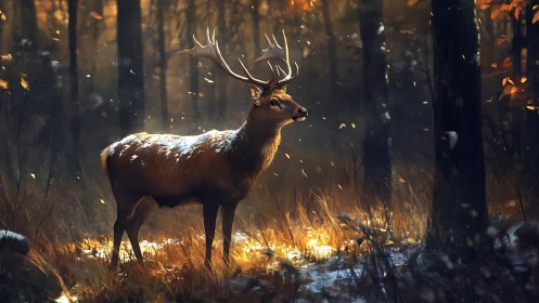 Stag standing in sunlit forest clearing during late autumn.