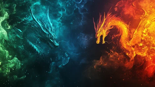 Elemental dragons clash in a swirling fire and ice nebula