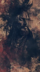 War-torn tribal warrior emerging from abstract shadows.