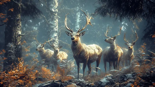 Stag herd standing alert in misty autumn forest scene.