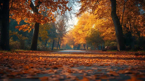 Tree lined park path covered with autumn foliage at dusk.