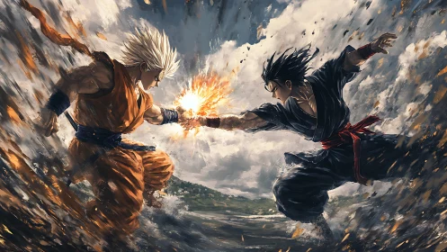 Two martial artists clash with energy burst in stormy field.
