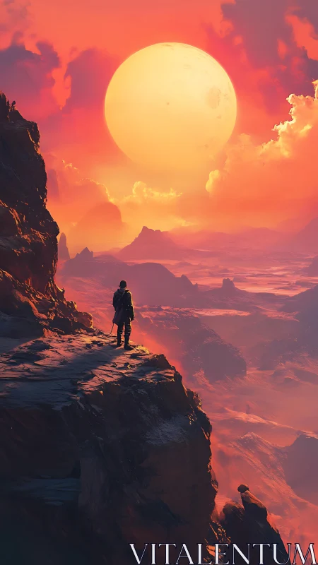 Lone explorer on cliffside under vast alien sun.