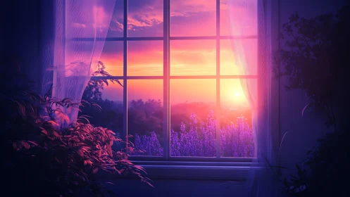 Vibrant sunset window view over lavender garden interior.