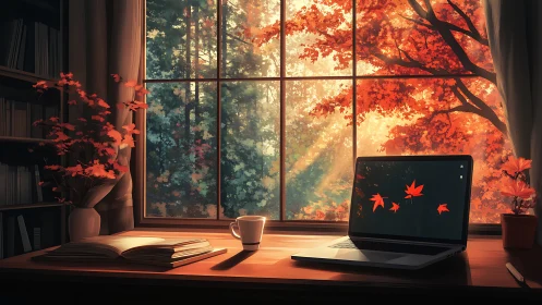 Cozy study desk facing autumn forest window view scene.
