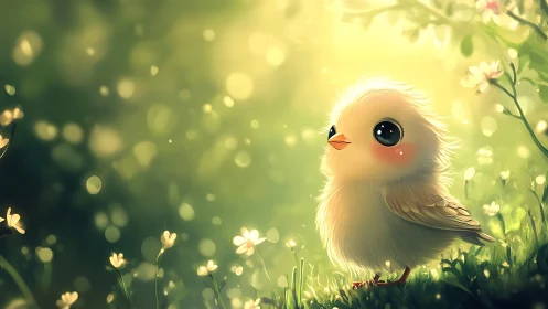Adorable Fluffy Chick in Sunlit Meadow, Whimsical Digital Art.