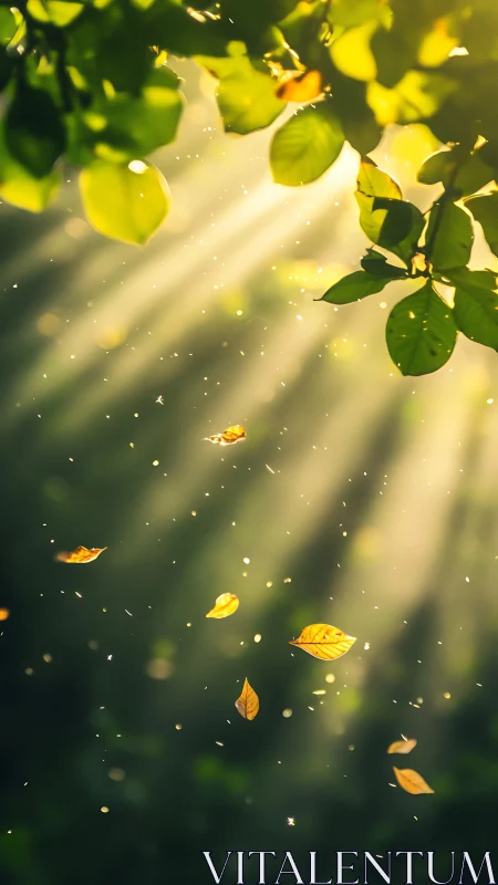 Backlit foliage with drifting leaves in golden volumetric light.