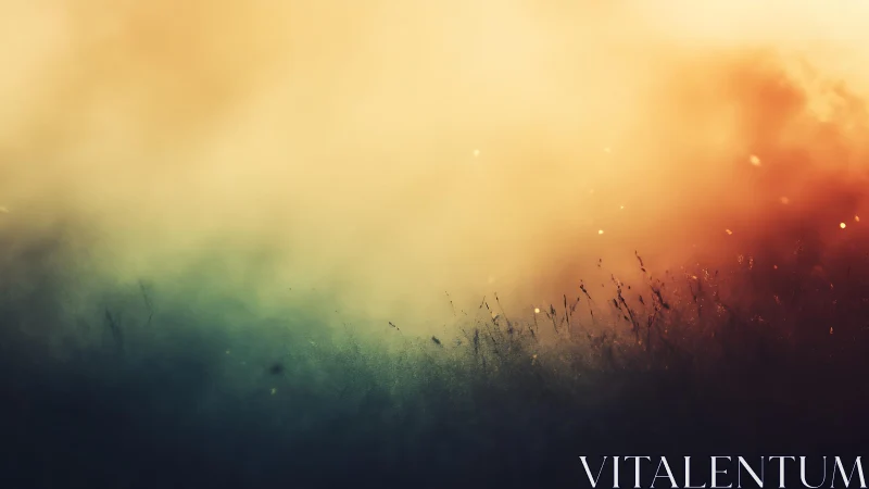 Dreamy abstract landscape with misty grass at sunset.