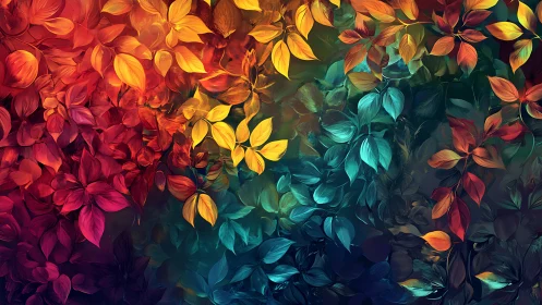 Multicolor foliage pattern with gradient botanical arrangement.