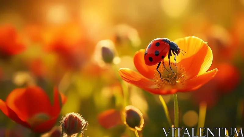 Macro ladybug on orange poppy in warm sunset bokeh field