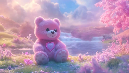 Pink teddy bear by pastel lake in dreamy fantasy meadow.