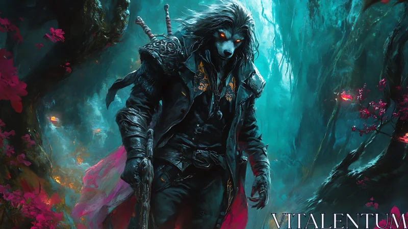 Armored wolf warrior stalks glowing forest with burning eyes