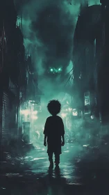 Backlit child silhouette in neon misted alleyway.