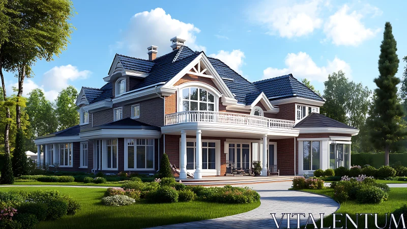 Large brick suburban mansion with landscaped front garden.