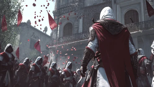 Cloaked warriors gather beneath scarlet banners in revolt